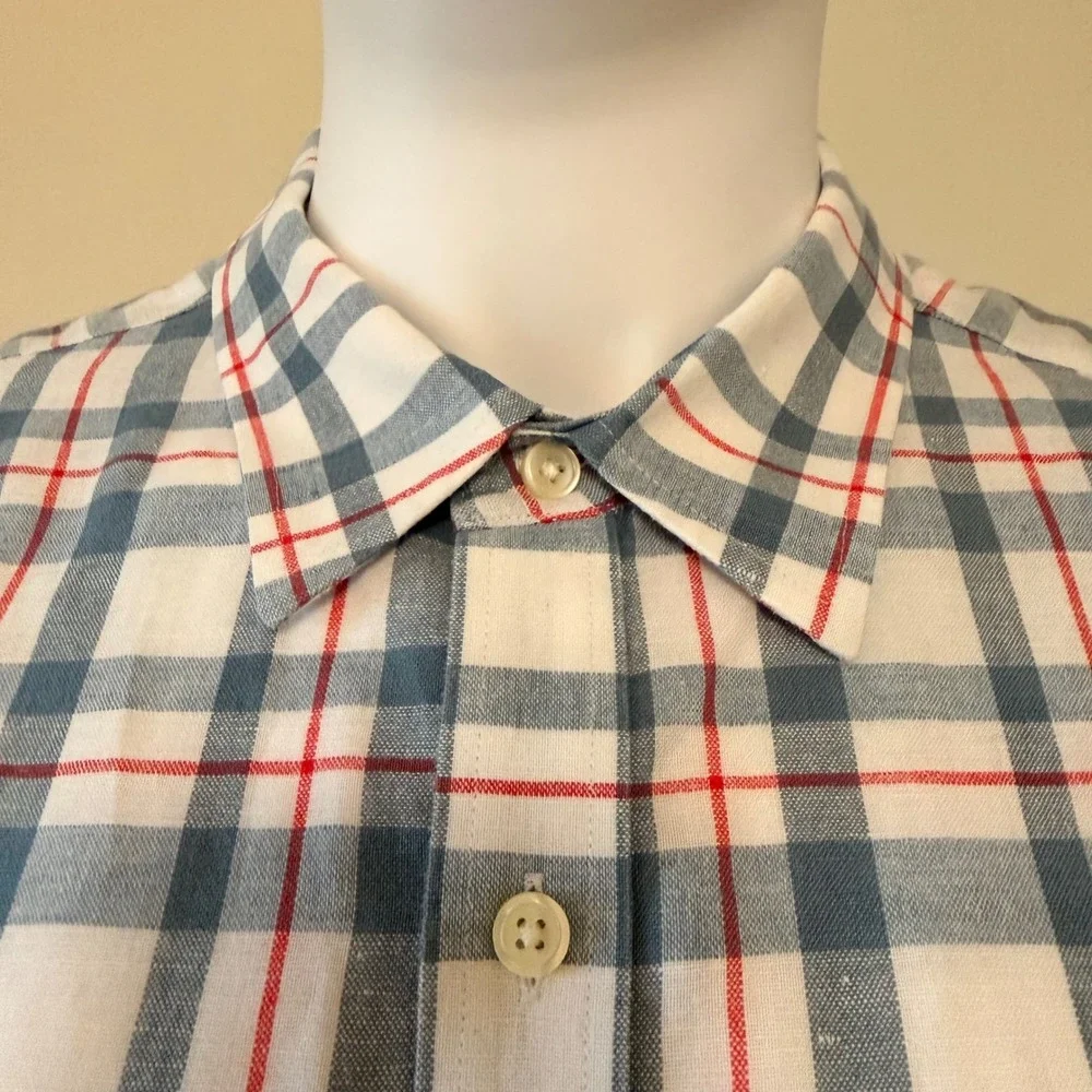Banana Republic Mens Plaid Button Down Shirt Linen Cotton Blue White Red Size XL